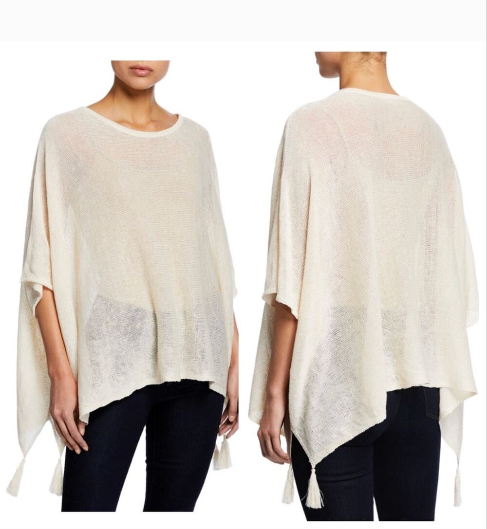 Johnny Was Calme Organic Linen Tassel Trim Cream Poncho Womens Medium/Large